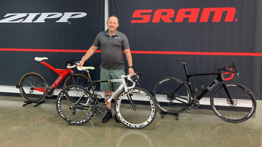 Echelon Sports founder Chris Langdon with some iconic bikes that he’s collected during his long bike industry journey.