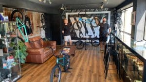 Evan (left) and Mitch in their clubhouse which displays their unique range of carefully selected high end BMX products.