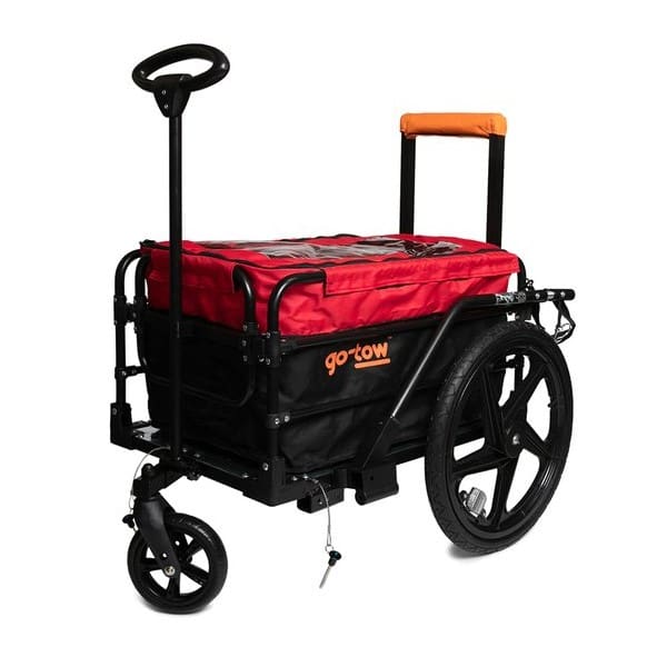 With the 12-inch jockey wheel and handle fitted, the Go-Tow can be wheeled around the supermarket isles, then hitched up to the bike for the ride home.