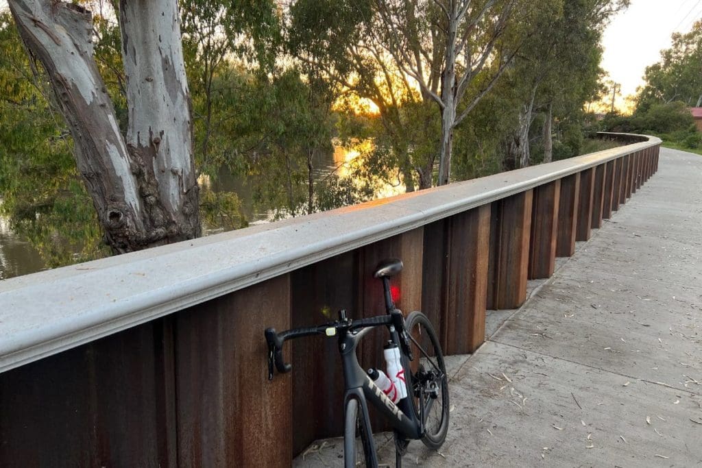 6am sunrise on the Murrumbidgee River levee bank trail at Wagga Wagga, NSW. Wagga is partway through a very large bike infrastructure construction program.