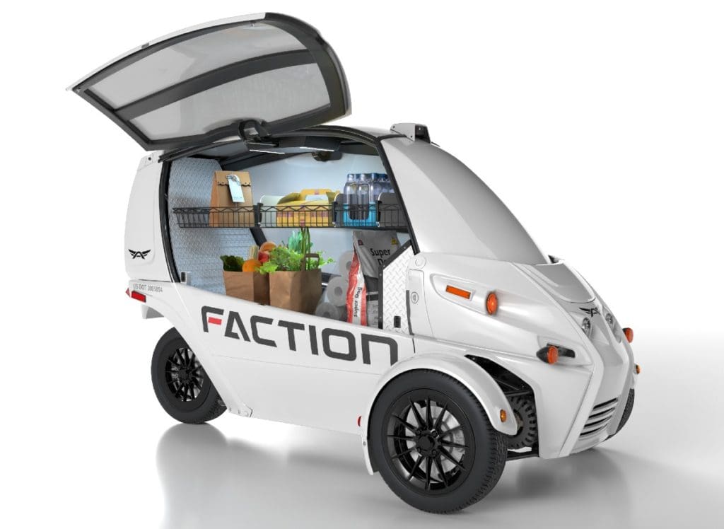 The driverless delivery vehicle Faction D1 combines autonomy with remote human teleoperation, offering a top speed of 120kmh, a range of 164km and a load capacity of 228 kilograms.