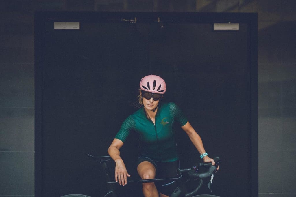 Cyclist wearing Furion helmet