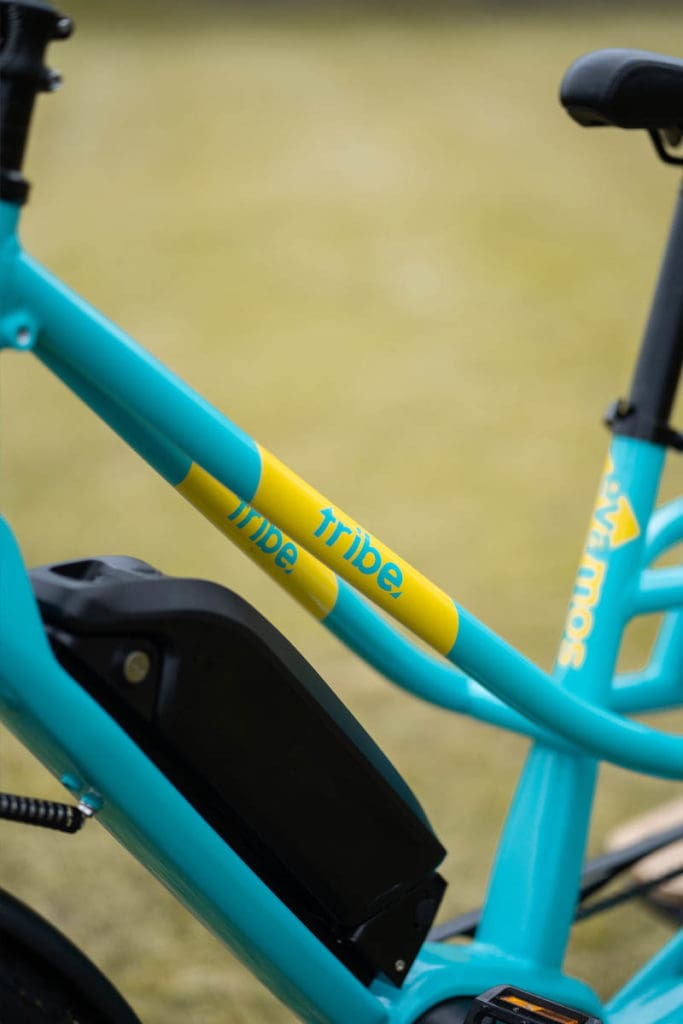 Close up of Evamos Cargo bike frame with split top tube.