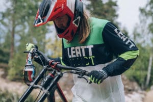 Mountain bike rider wearing Leatt protective gear