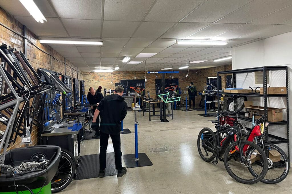 Bicycle mechanic training facility interior