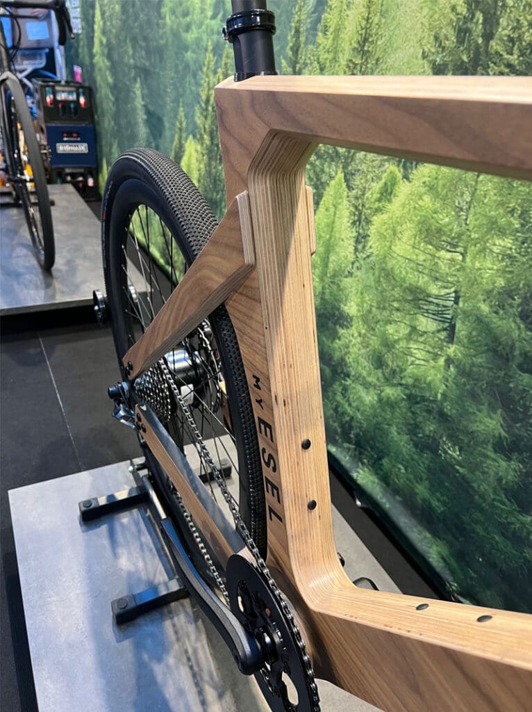 Close up of wooden bicycle frame
