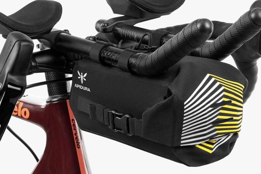 Close up of bike handlebars with pack