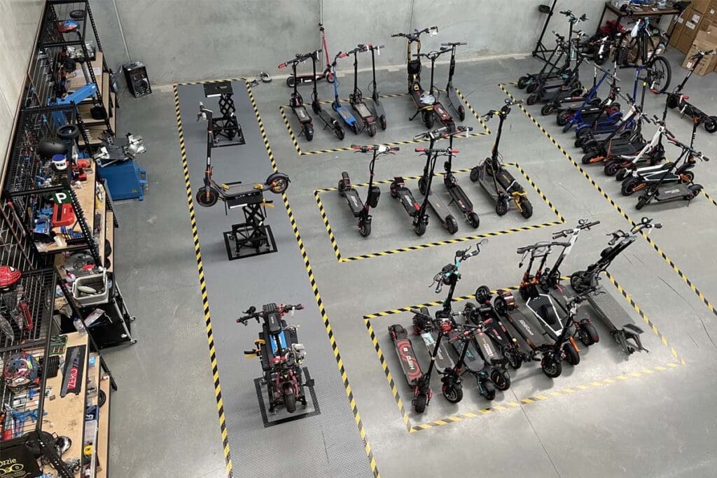 Above view of scooter servicing warehouse
