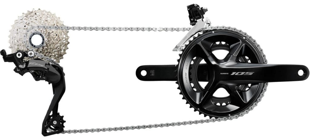 Product shot of Shimano 105 R7100 Mechanical 12-speed group ensemble