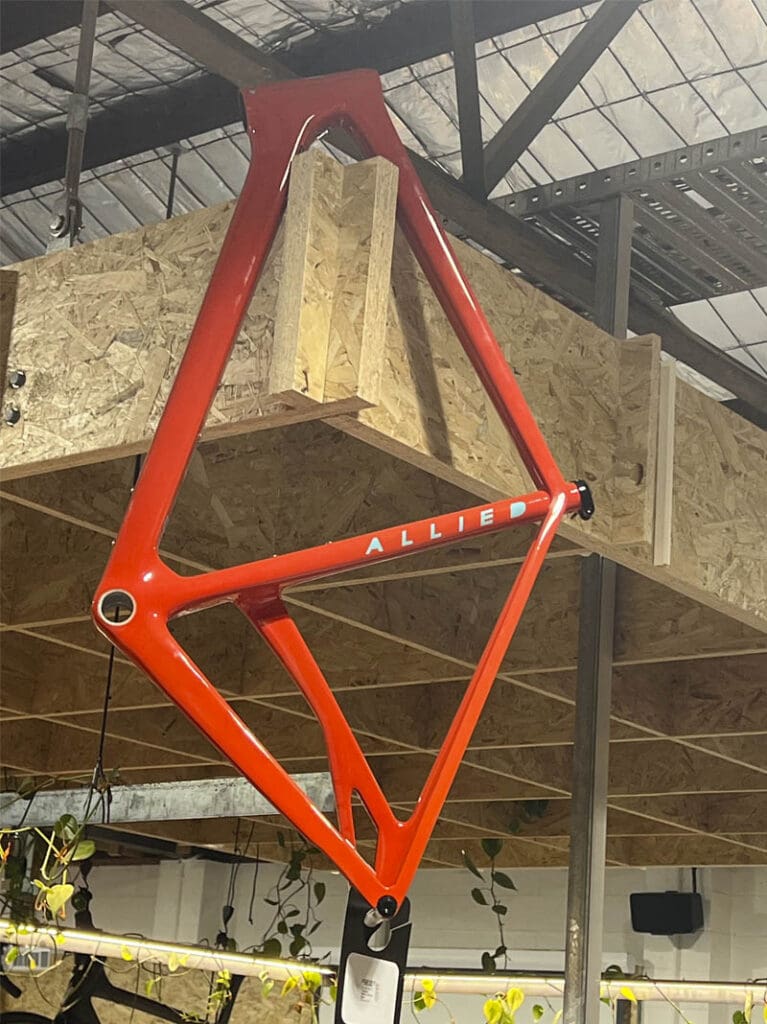 Bike frame hanging in bicycle store