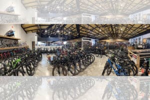 Panoramic interior view of bicycle store