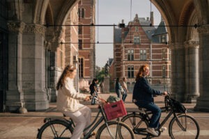 Two people cycling in the Netherlands