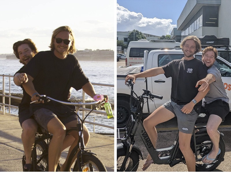 Two men riding same bike