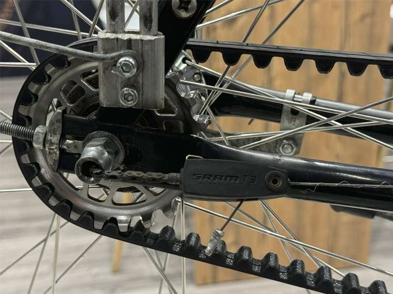 Close up of bicycle belt drive