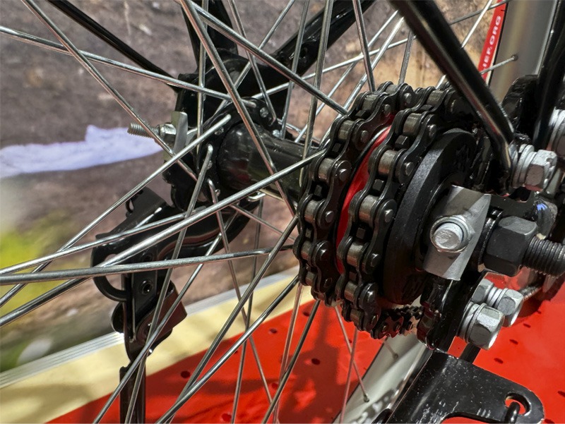 Close up of bicycle wheel on display at expo