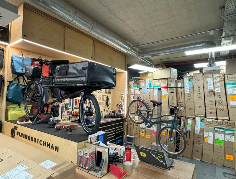 Interior view of bike workshop and storage area