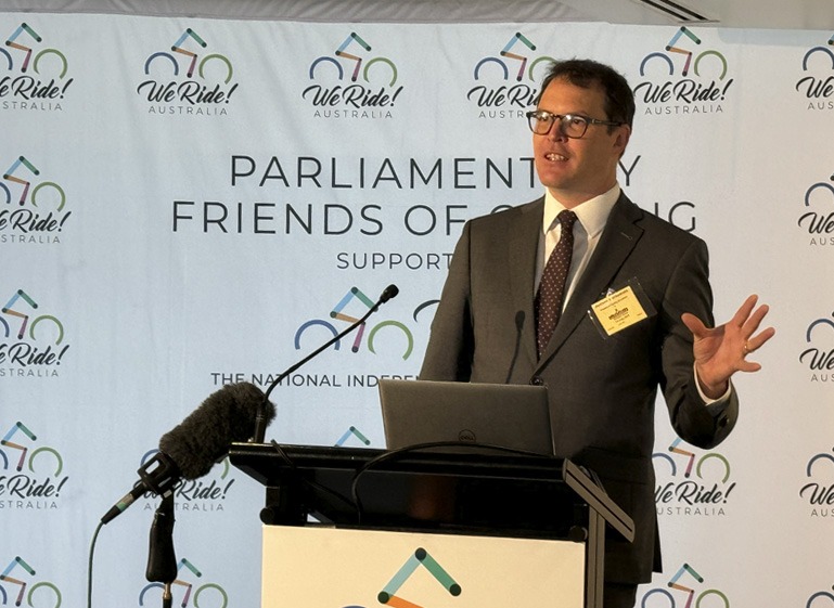 Person speaking at a lectern at official event