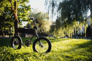 A cruiser e-bike parked in a field