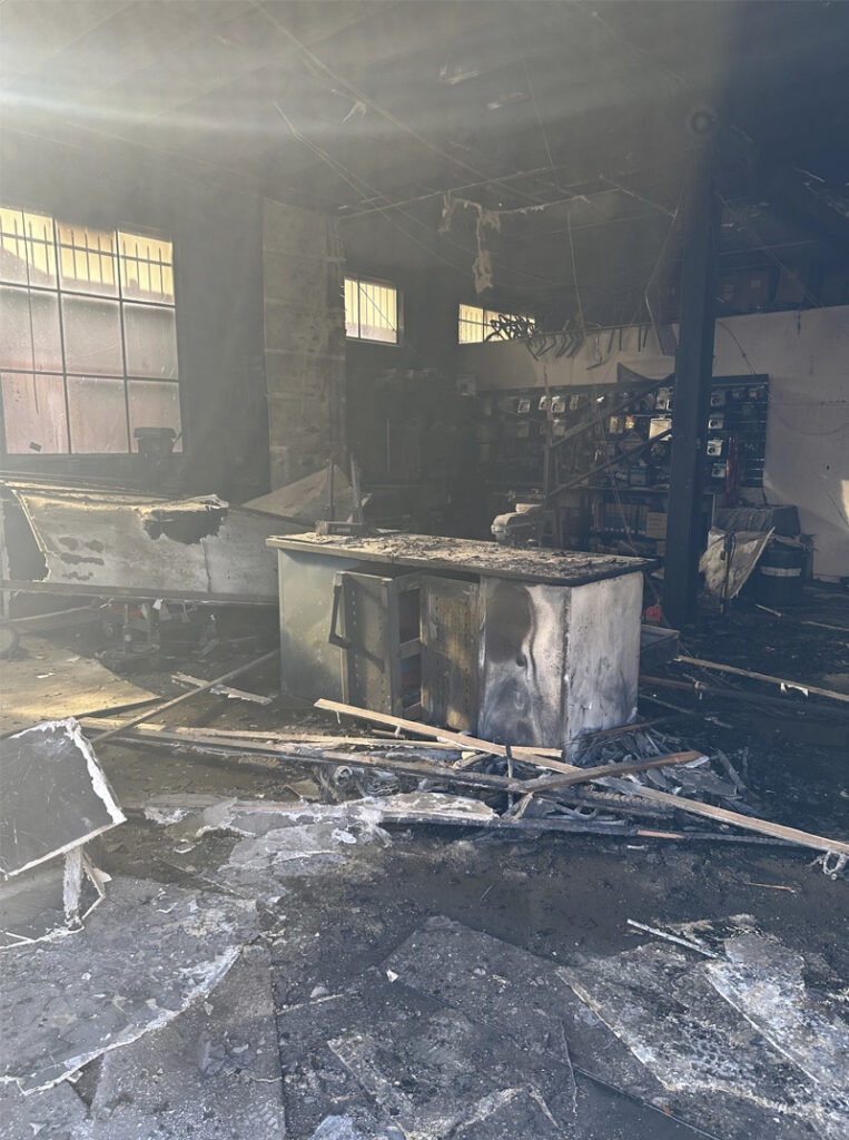 Interior view of a fire damaged bicycle store