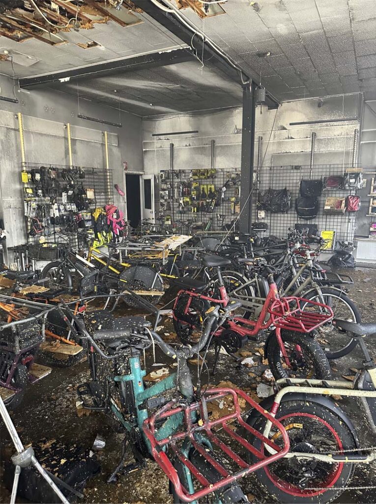 Interior view of a fire damaged bicycle store