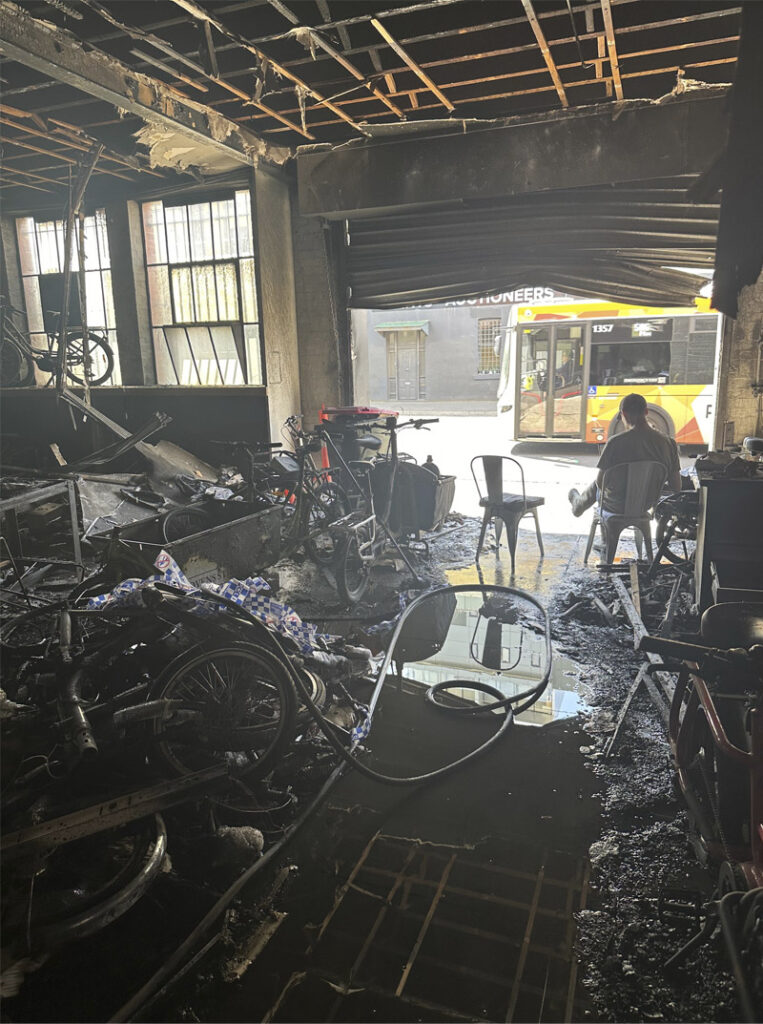 Interior view of a fire damaged bicycle store