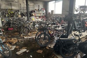 Interior view of a fire damaged bicycle store