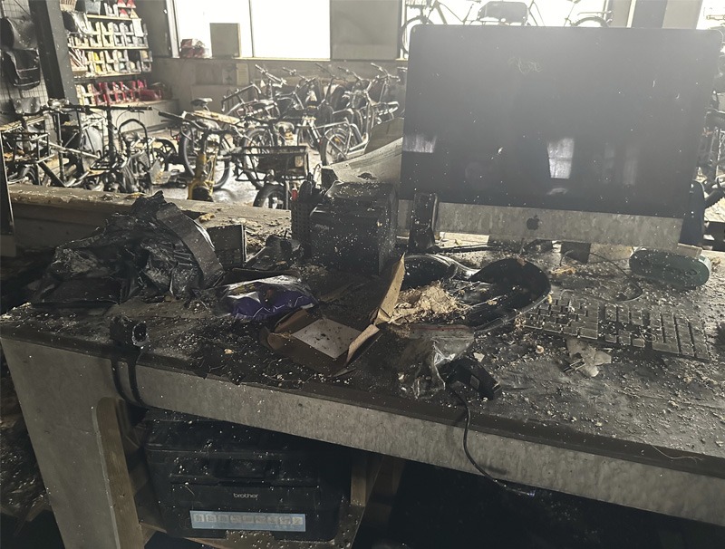 Interior view of a fire damaged bicycle store