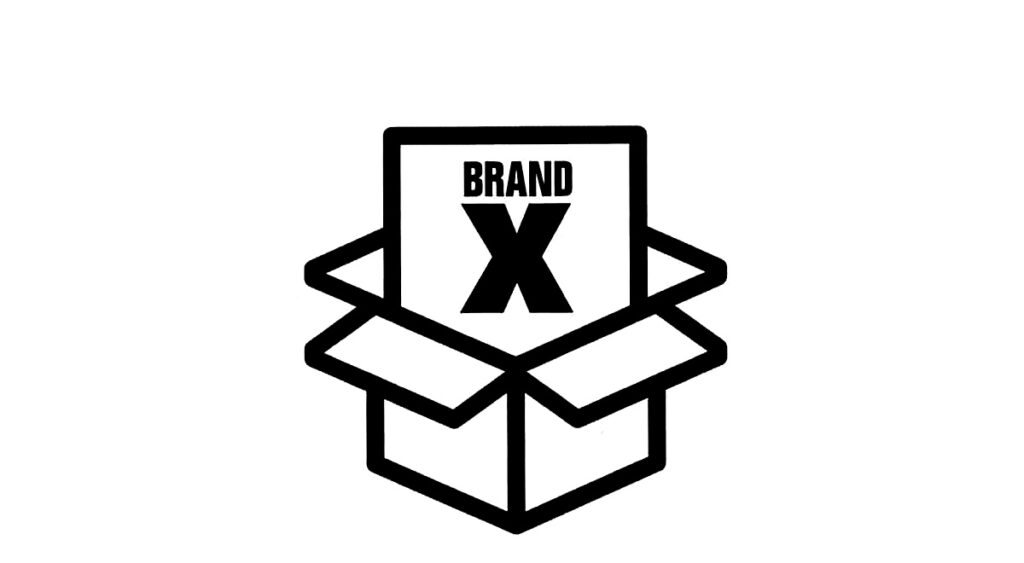 "Brand x" text coming out of a box icon