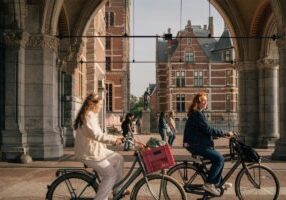 Two people cycling in the Netherlands