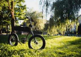 A cruiser e-bike parked in a field